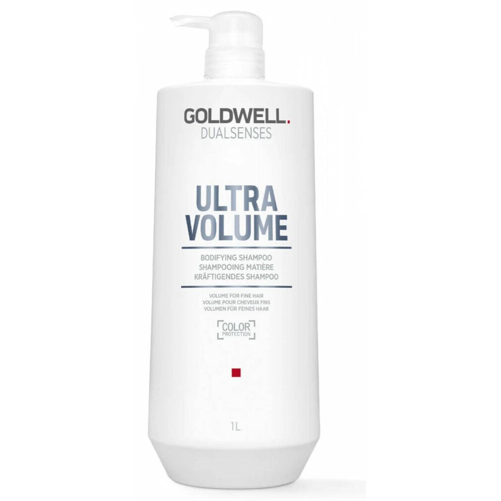 Weiße Flasche Goldwell Dualsenses Ultra Volume Bodifying Shampoo mit Pumpe. Text und Logo in Blau und Schwarz. 1L.
