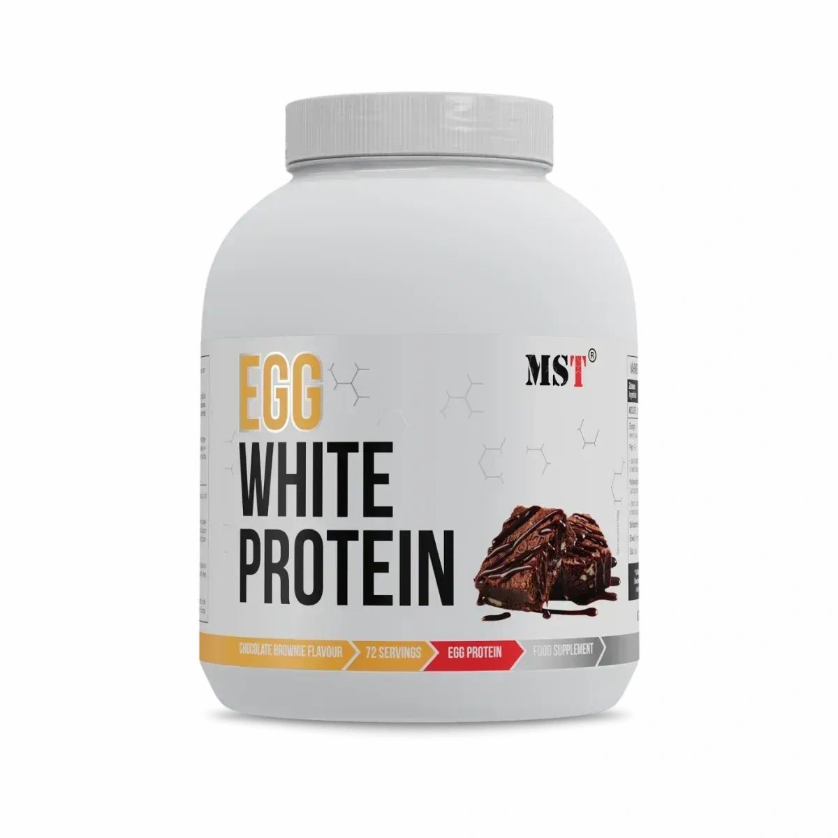 Weiße Dose mit Aufschrift EGG WHITE PROTEIN und MST-Logo. Schokoladen-Brownie-Geschmack, 72 Portionen.