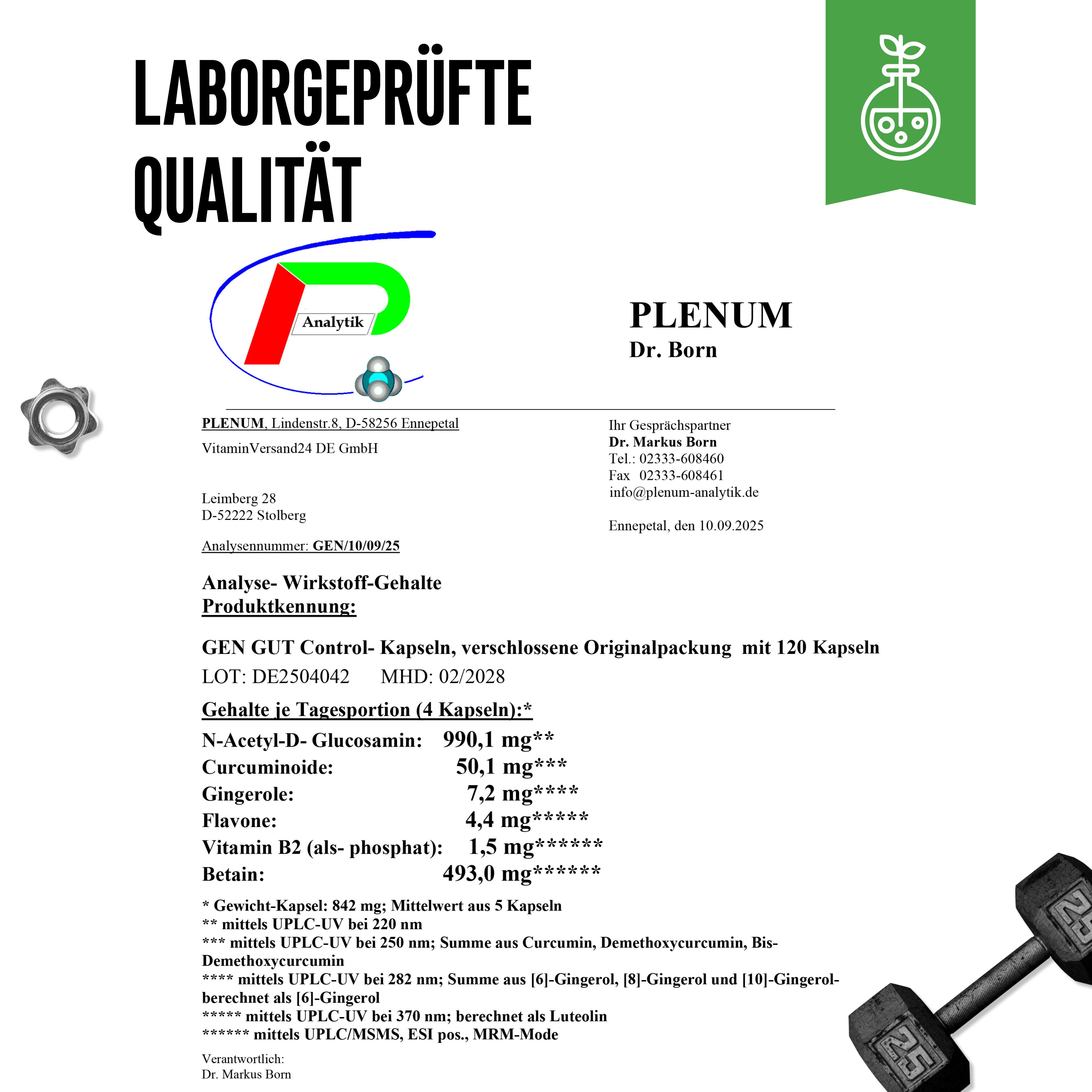 Laborgeprüfte Qualität. Analyse-Zertifikat von Plenum Dr. Born. Produktbezeichnung: GEN GUT Control-Kapseln, Originalpackung mit 120 Kapseln.