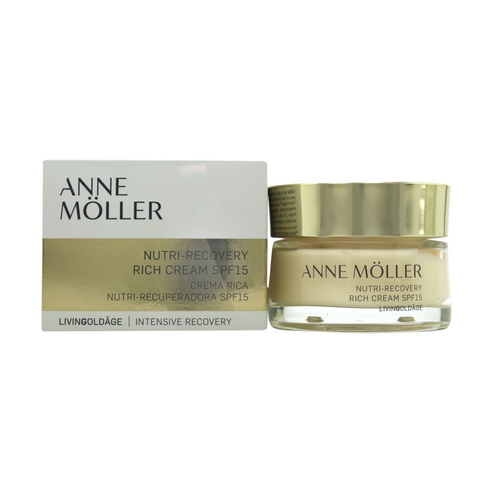 Anne Möller Nutri-Recovery Rich Cream SPF15 und Verpackung. Glasbehälter mit goldenem Deckel.