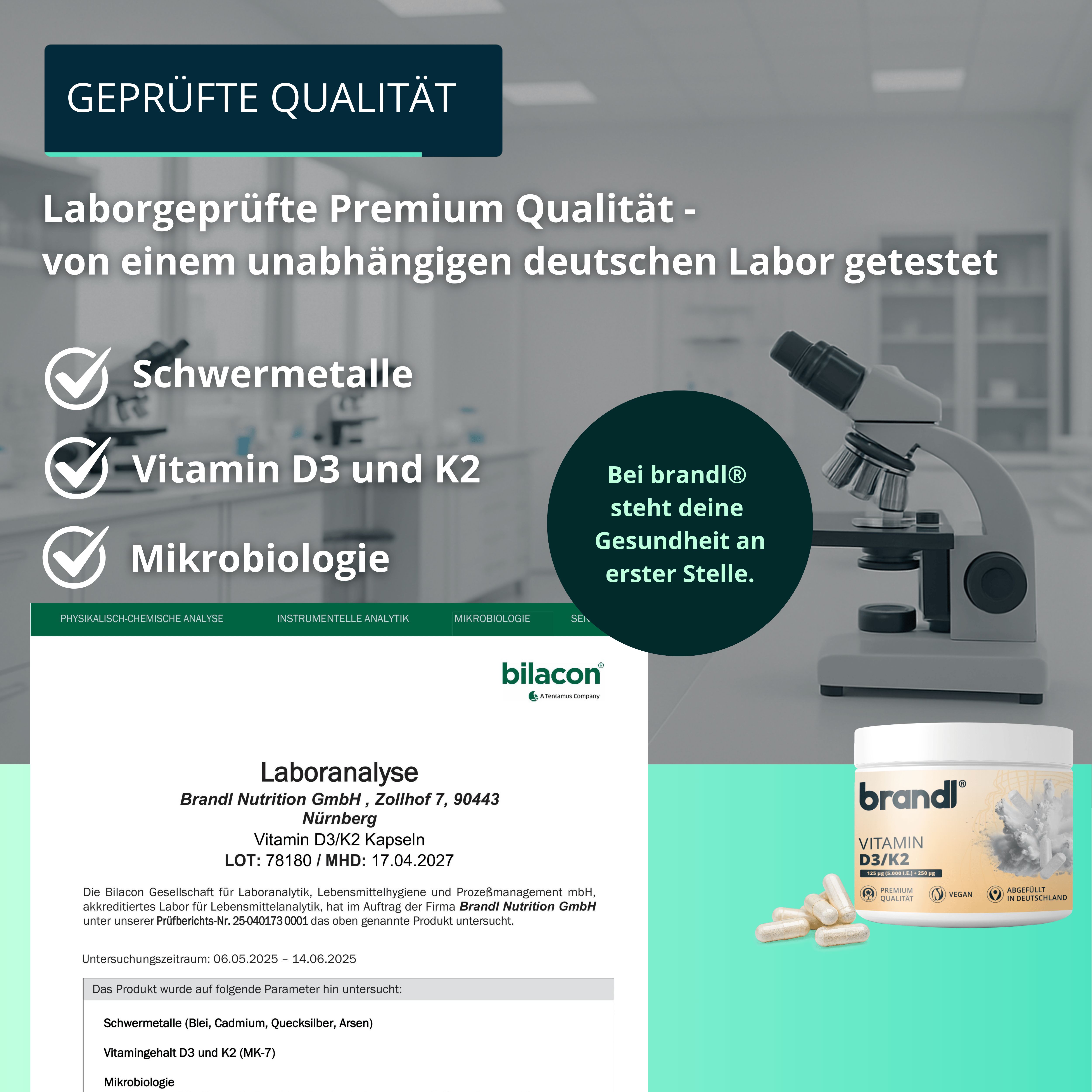 Laboranalyse, Mikroskop, Dose und Kapseln. Text: Schweremetalle, Vitamin D3 und K2, Mikrobiologie. Premium Qualität. Laborgeprüft.