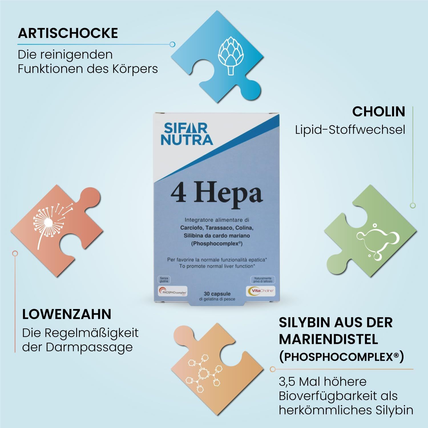 Grafik mit Puzzleteilen und Schachtel Sifar Nutra 4 Hepa. Text: Artischocke, Cholin, Löwenzahn, Mariendistel.