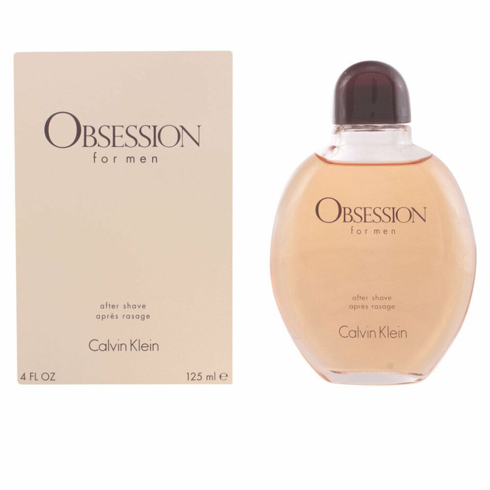Flasche und Schachtel. Aufschrift: Obsession for men, after shave, Calvin Klein. 4 FL OZ, 125 ml e.