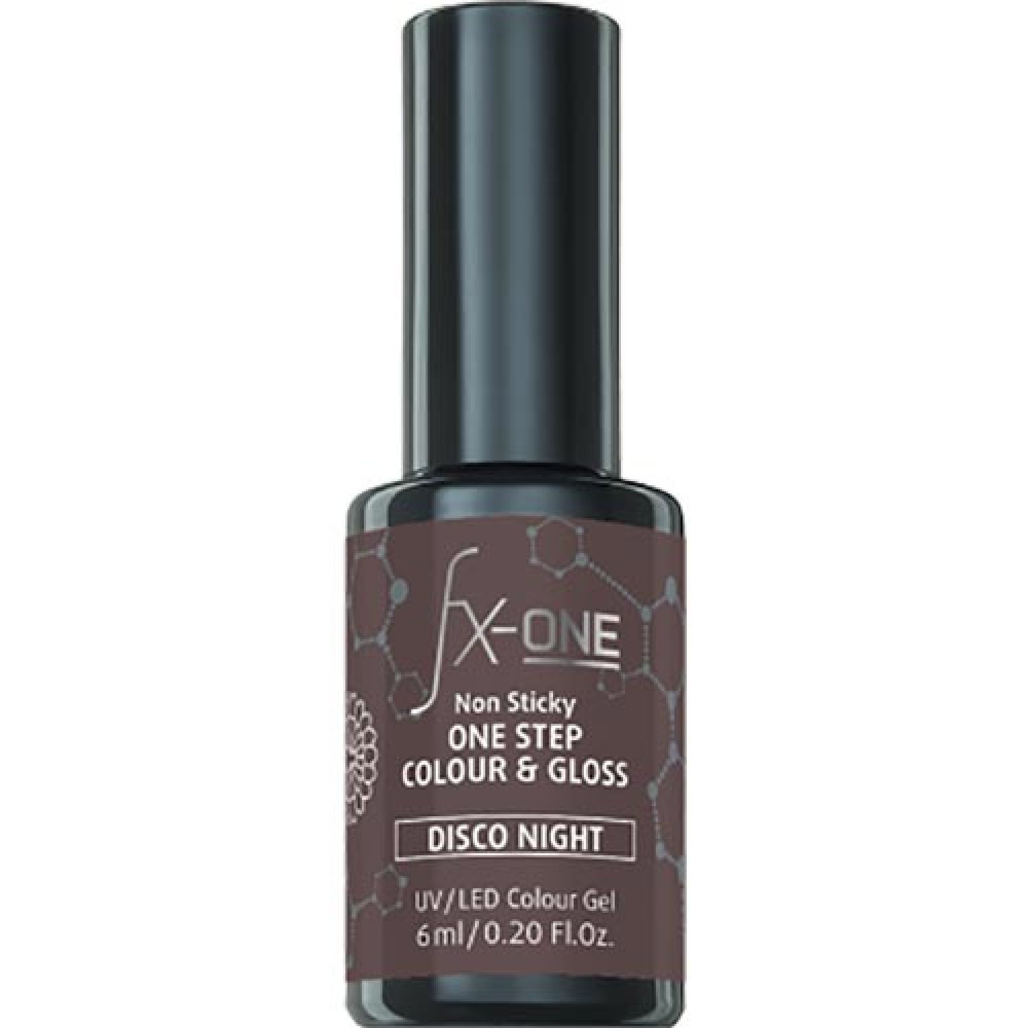 Flasche mit schwarzem Deckel. Aufschrift: FX-ONE, ONE STEP COLOUR & GLOSS, DISCO NIGHT. UV/LED Colour Gel.