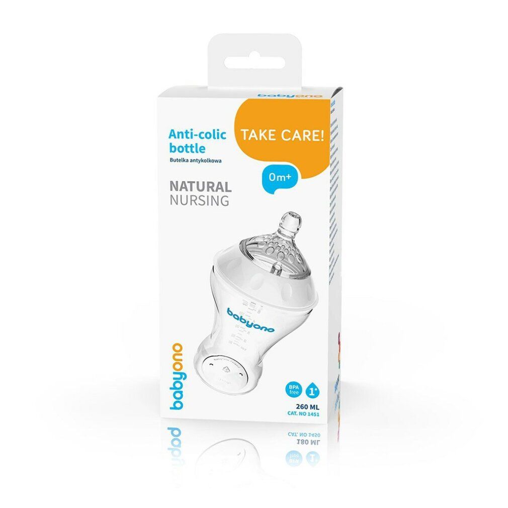 Verpackung einer Babyflasche. Aufschrift: Anti-colic bottle, Natural Nursing. Mit Flasche abgebildet.
