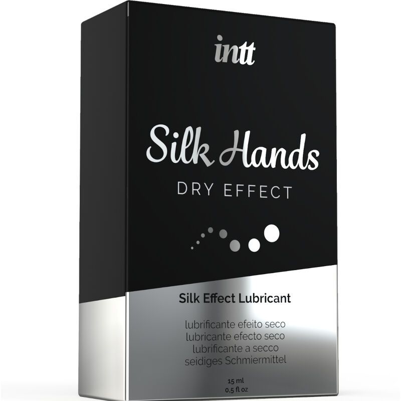 Schwarze Schachtel. Aufschrift: intt Silk Hands DRY EFFECT Silk Effect Lubricant. 15 ml.