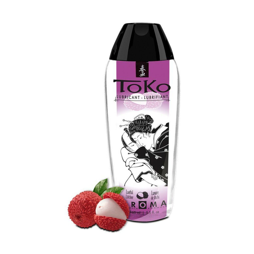 Toko Aroma Gleitmittel mit Lychee-Duft. Transparente Flasche mit schwarzem Verschluss und japanischem Motiv.