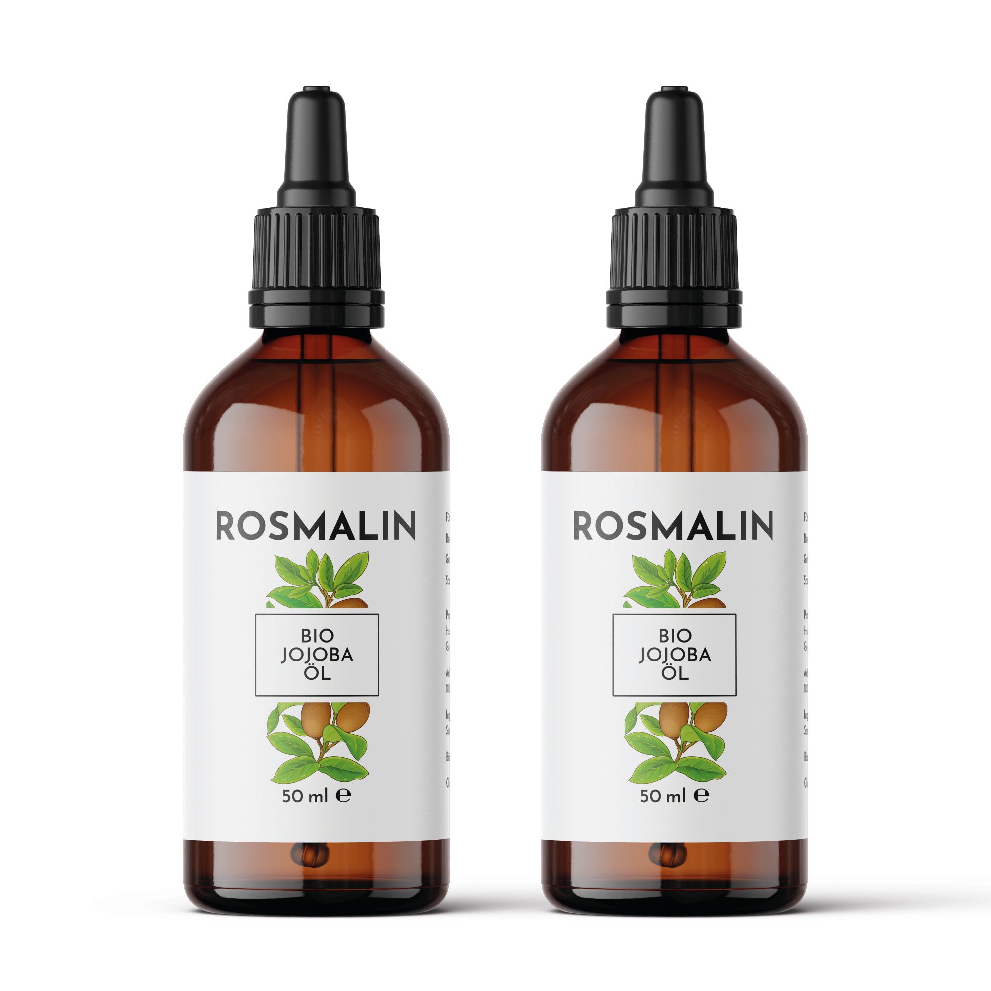 Zwei braune Glasflaschen mit schwarzen Tropfern. Aufschrift: Rosmalin, Bio Jojobaöl, 50 ml.