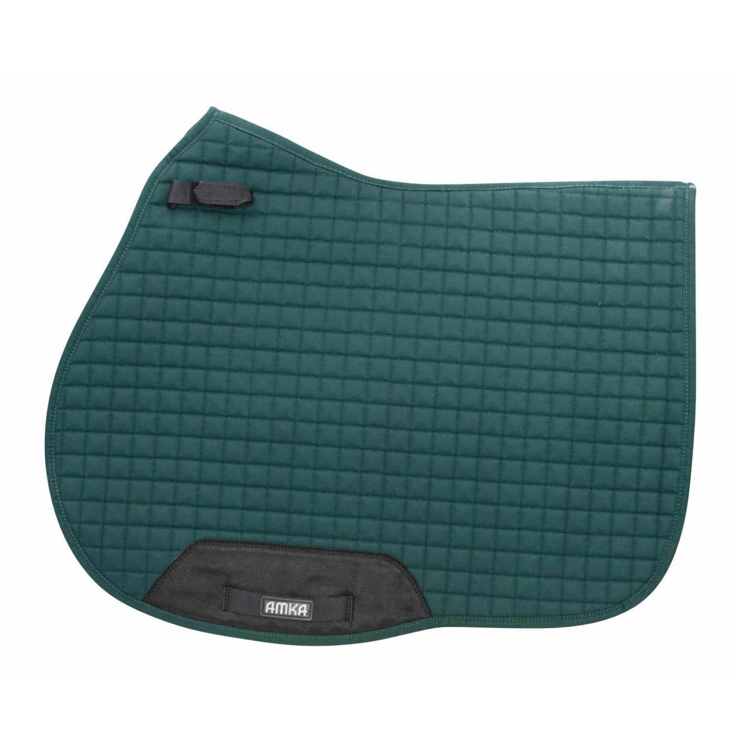 Grüne Schabracke mit quadratischem Steppmuster und AMKA-Logo. Schwarze Details.