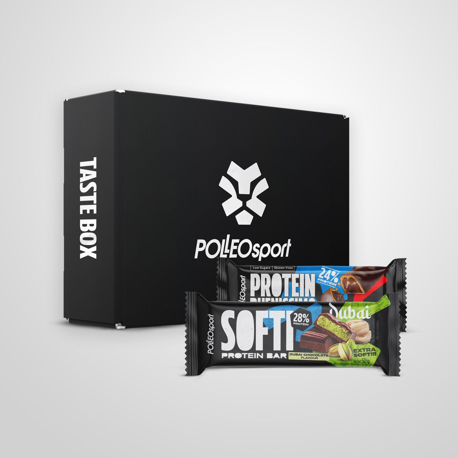 Schwarze Box mit PolleoSport Logo und Taste Box Aufschrift. Zwei Proteinriegel, darunter Softi und Protein Buenissimo. Blaue Aufkleber.