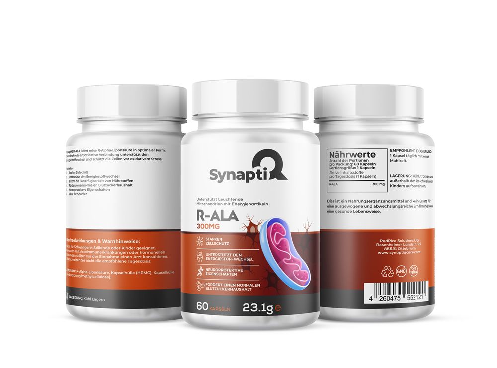 Drei weiße Kunststoff-Behältnisse mit Aufschrift SynaptiQ R-ALA 300mg. Enthält 60 Kapseln. Abbildung einer Zelle.