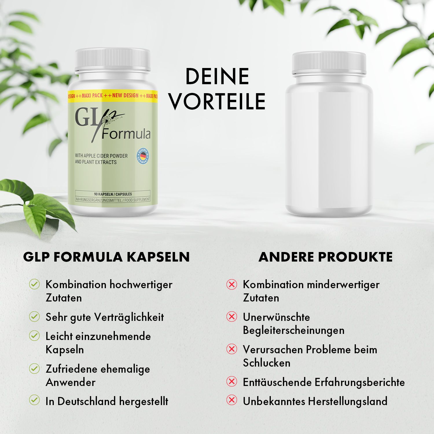 Vergleich von GLp Formula Kapseln und anderen Produkten. Vorteile: hochwertige Zutaten, gute Verträglichkeit, leicht einzunehmen, zufriedene Anwender, hergestellt in Deutschland.
