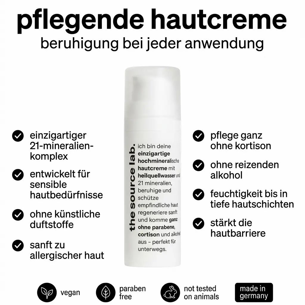 Weiße Flasche mit Pumpe. Text: pflegende hautcreme, beruhigung bei jeder anwendung. Logos: vegan, paraben free, not tested on animals, made in Germany.