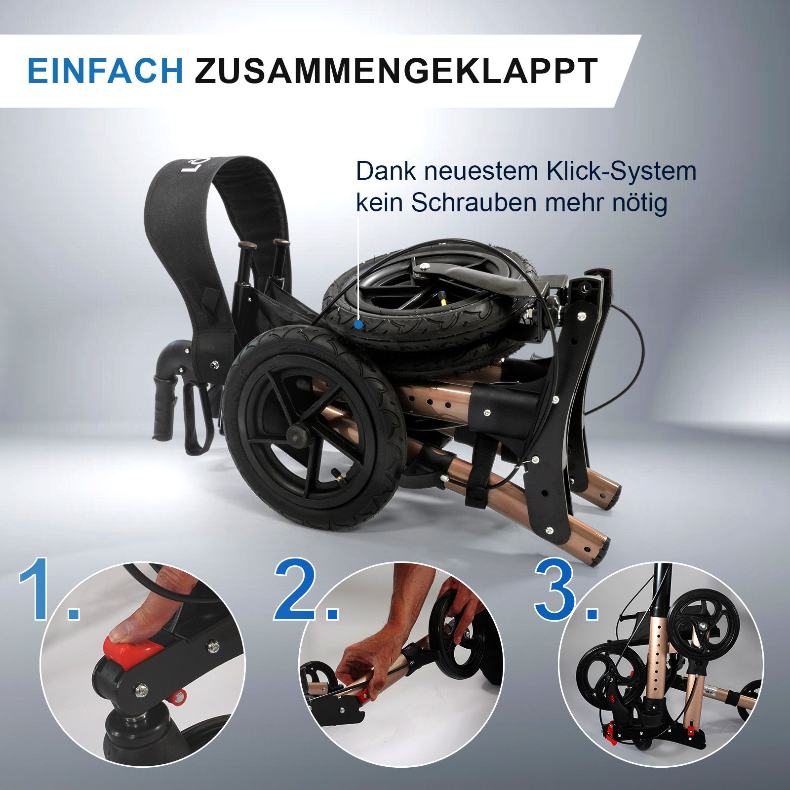 Rollator mit vier Rädern, schwarzem Sitz und Tasche. Einfach zusammengeklappt. Klicksystem. Keine Schrauben.