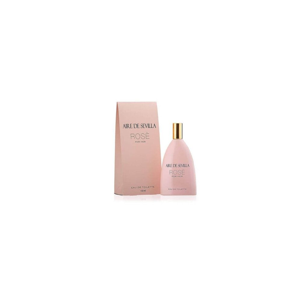 Rosa Eau de Toilette und Verpackung. Flakon und Verpackung mit Aufschrift: Aire de Sevilla Rosé For Her.