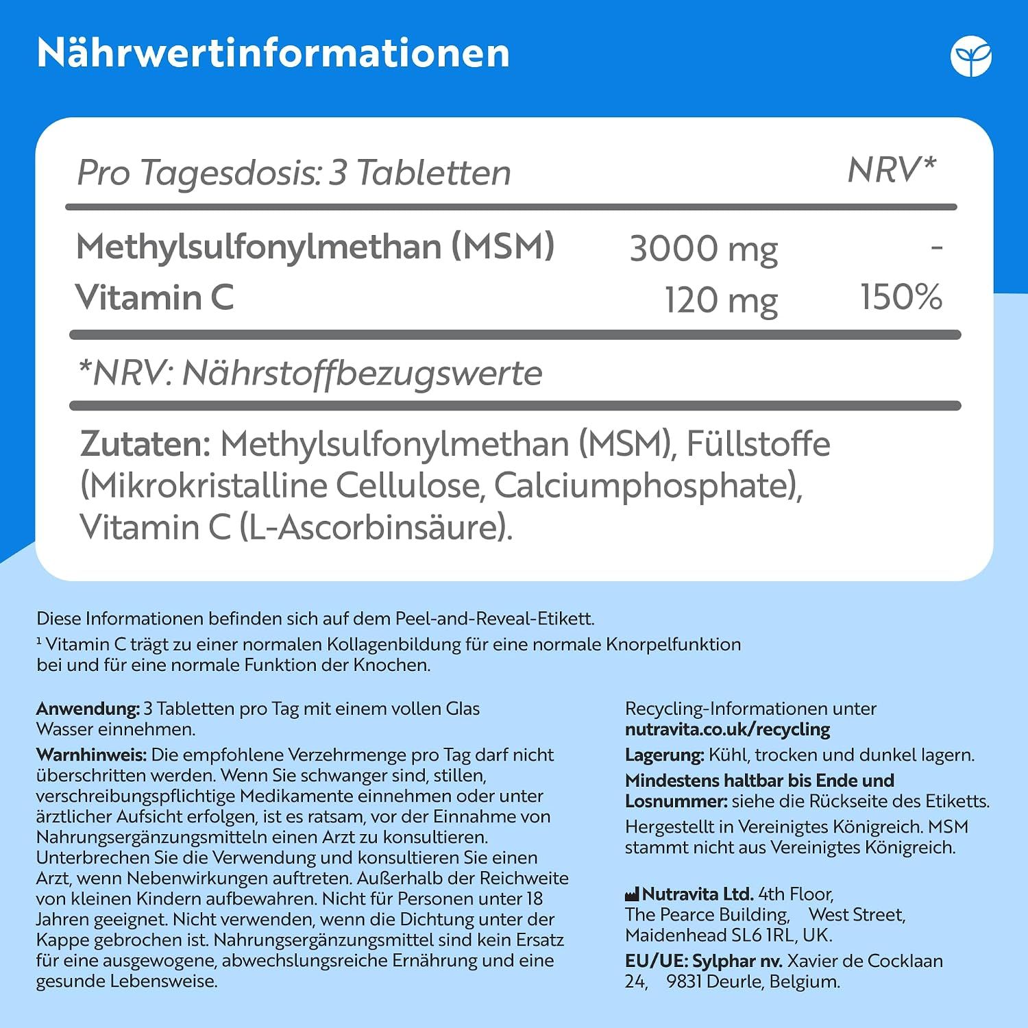 Nährwertangaben für Methylsulfonylmethan (MSM) und Vitamin C. Enthält 3000 mg MSM und 120 mg Vitamin C pro Tagesdosis.