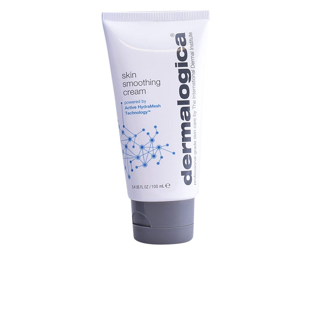Weiße Tube mit grauer Kappe. Aufschrift: skin smoothing cream, Dermalogica Logo, 3.4 US FL OZ / 100 ml.