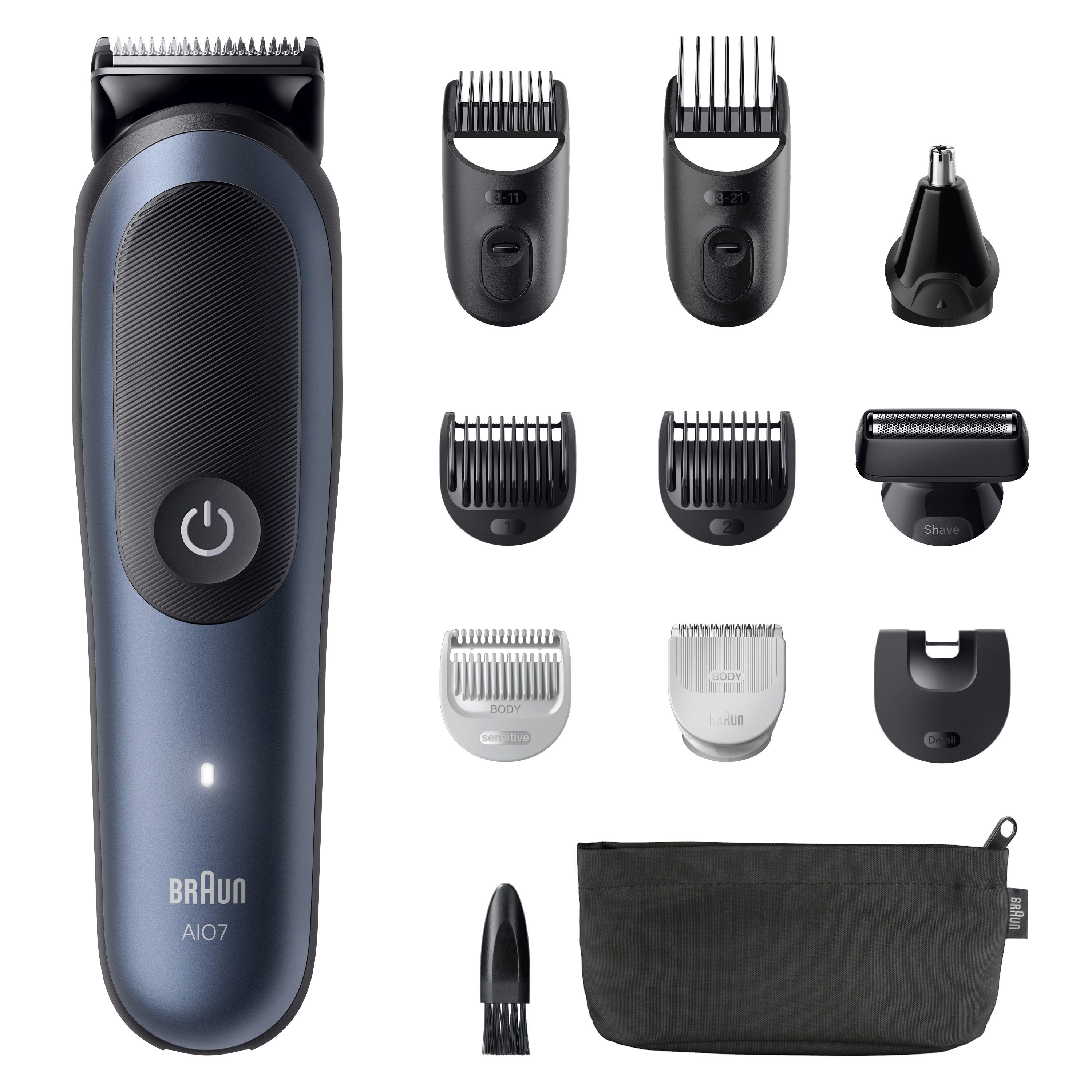 Braun AIO7 Trimmer und Zubehör: Aufsätze, Reinigungsbürste, Tasche.