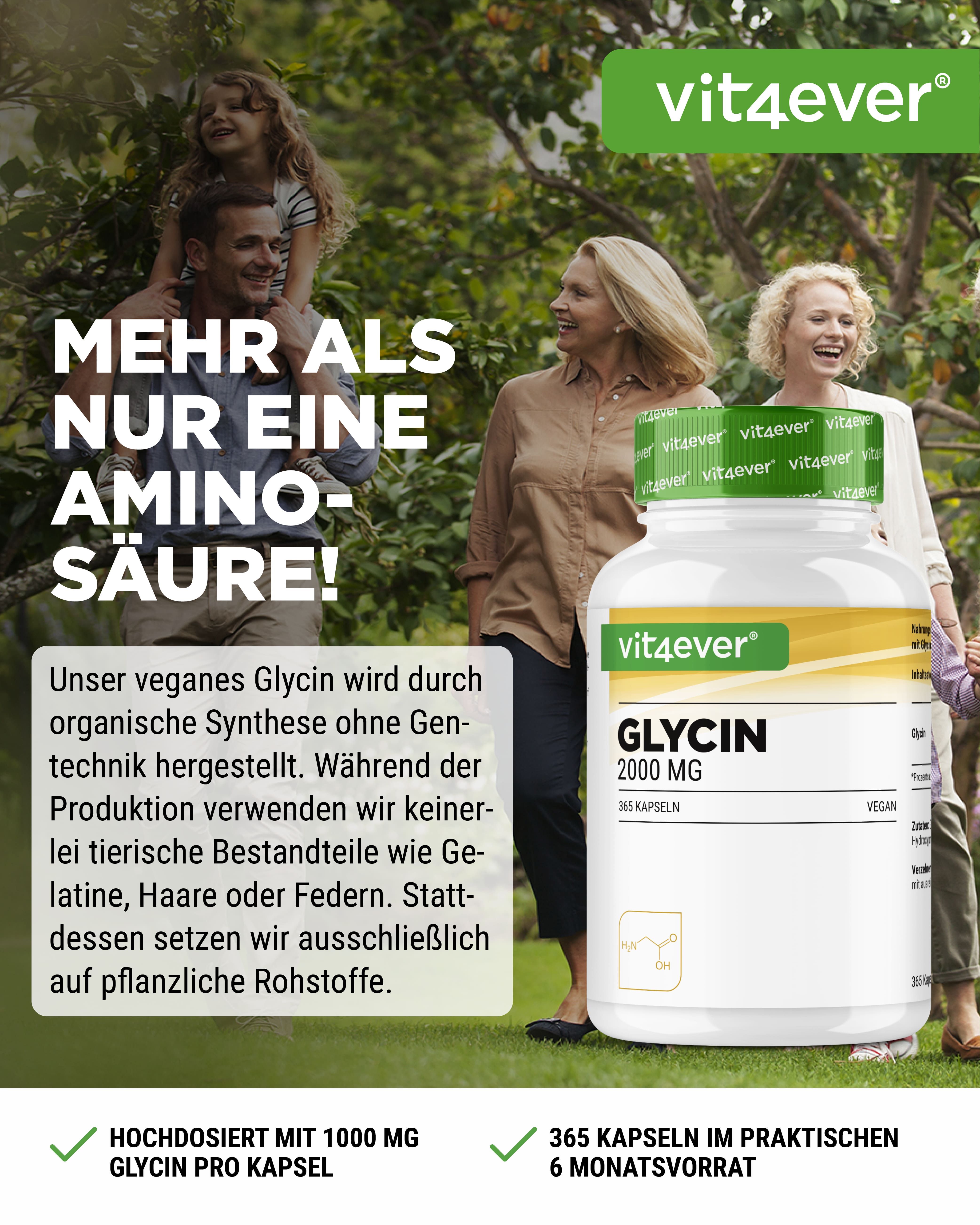 Weißes Pillenbehälter mit grünem Deckel. Aufschrift: Glycin 2000 MG. Marke: vit4ever. 365 Kapseln. Vegan.