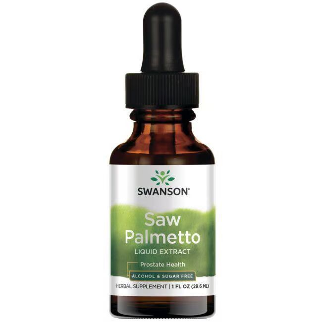 Braune Glasflasche mit schwarzem Tropfer. Etikett mit "SWANSON", "Saw Palmetto Liquid Extract", "Prostate Health", und "Herbal Supplement".