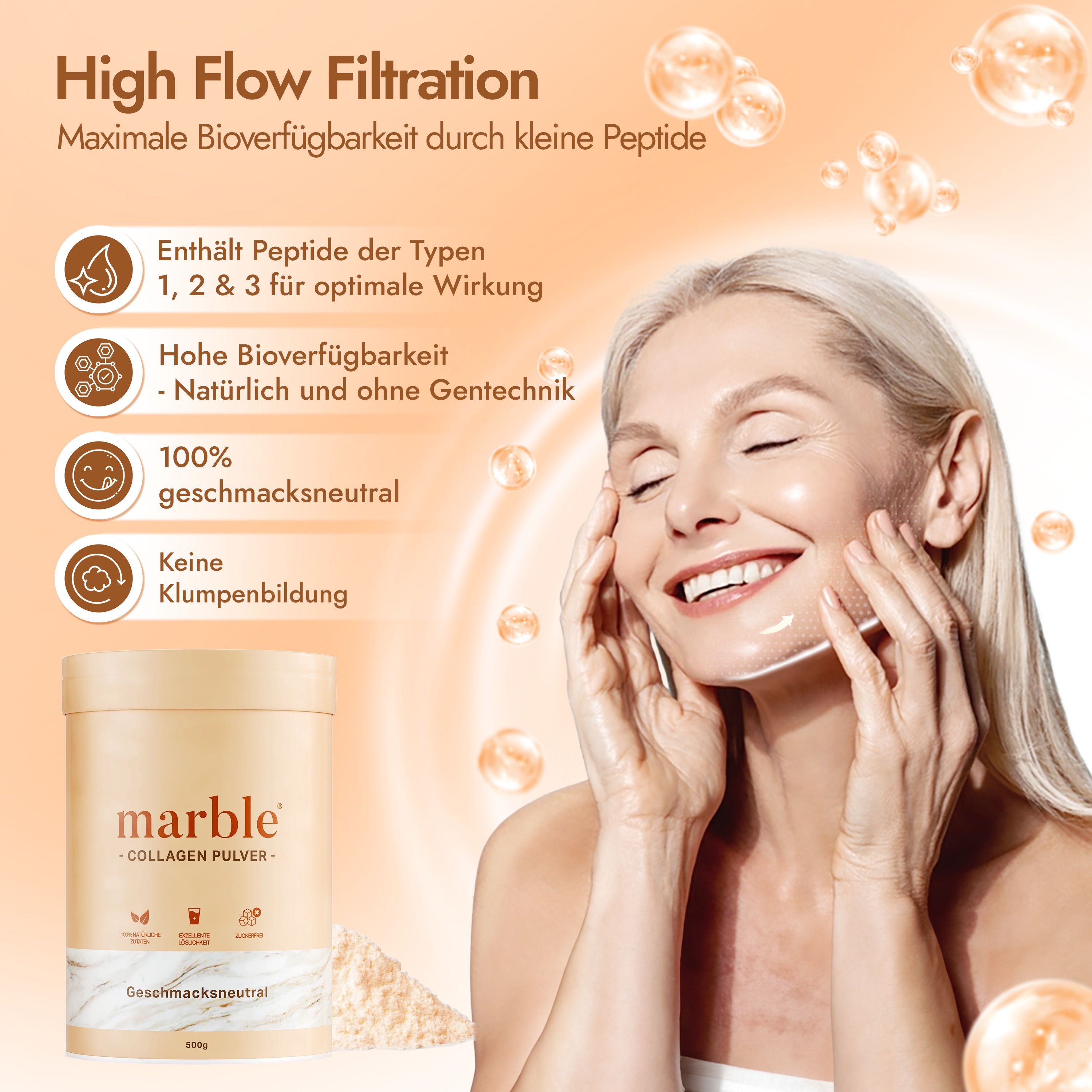 Frau berührt ihr Gesicht. Dose "marble" und "Collagen Pulver". Text: "100% geschmacksneutral", "Keine Klumpenbildung".