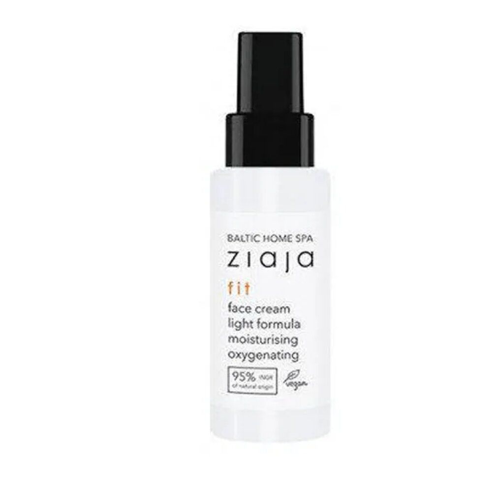 Weiße Flasche mit schwarzem Sprühkopf. Aufschrift: ZIAJA fit face cream light formula. 95% Inhaltsstoffe natürlichen Ursprungs.