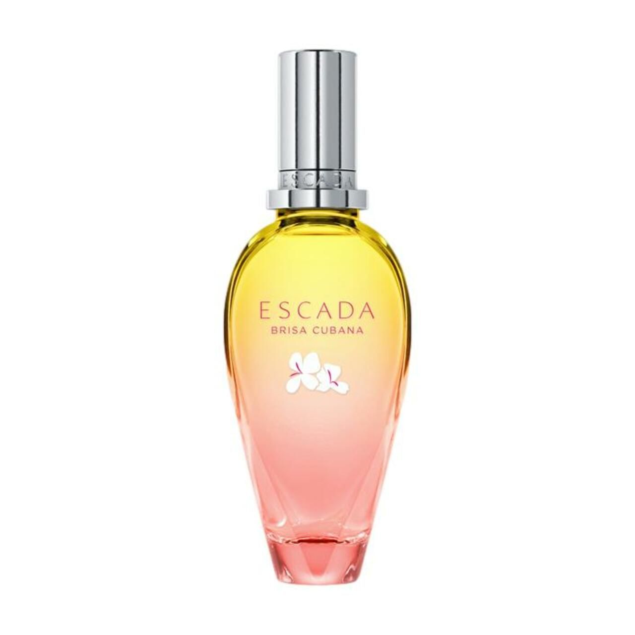 Escada Brisa Cubana E.d.T. Nat. Spray. Flakon mit gelb-rosa Farbverlauf, silberner Verschluss. Blüten-Dekor.