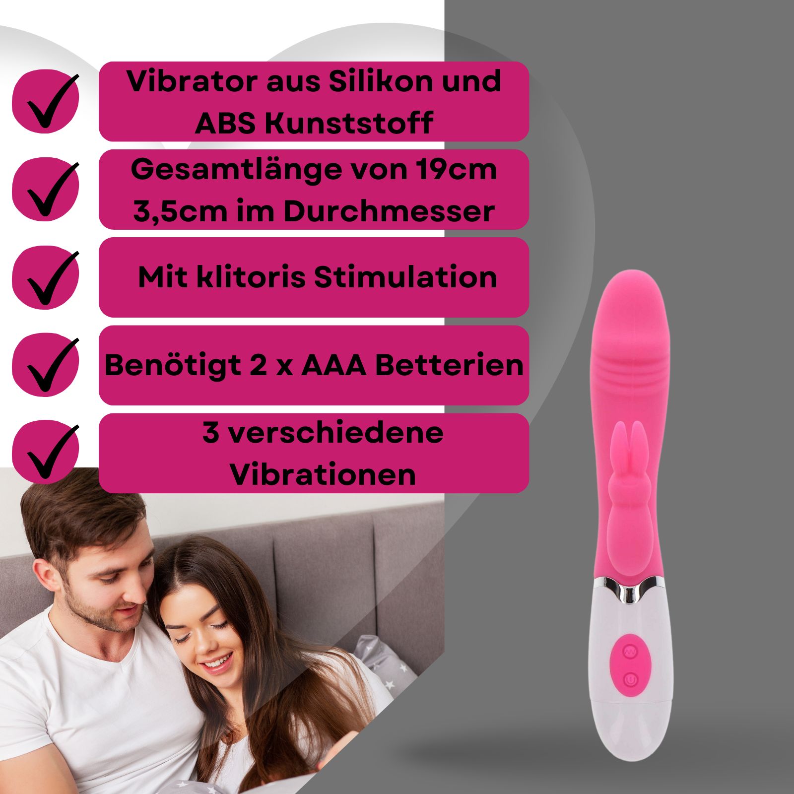 Rosa Vibrator mit Kaninchen-Design, 19cm lang, 3,5cm Durchmesser. Aus Silikon und ABS-Kunststoff. Mit Klitoris Stimulation. Hintergrund: Paar.