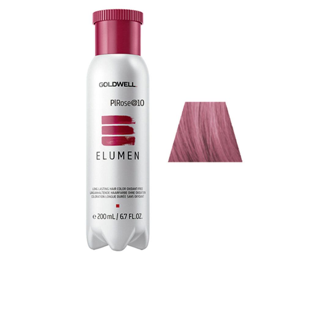 Flasche ELUMEN Haarfarbe, PiRose@10, 200 ml. Farbprobe in Rosa. Goldwell-Logo.
