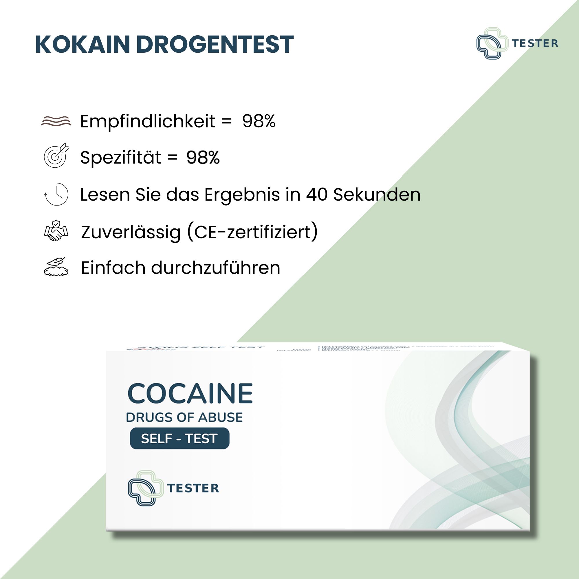 Kokain Drogentest. Text mit Symbolen: Empfindlichkeit 98%, Spezifität 98%, Ergebnis in 40 Sekunden, zuverlässig (CE-zertifiziert), einfach.