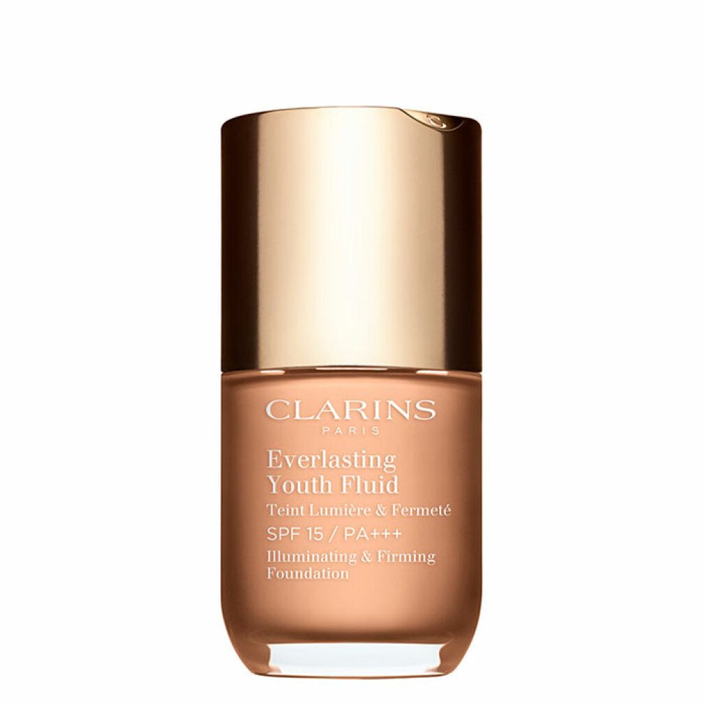 Flüssig-Make-up-Flakon. Goldfarbener Deckel, durchsichtiger Behälter. Aufschrift: Clarins, Everlasting Youth Fluid, SPF 15/PA+++.