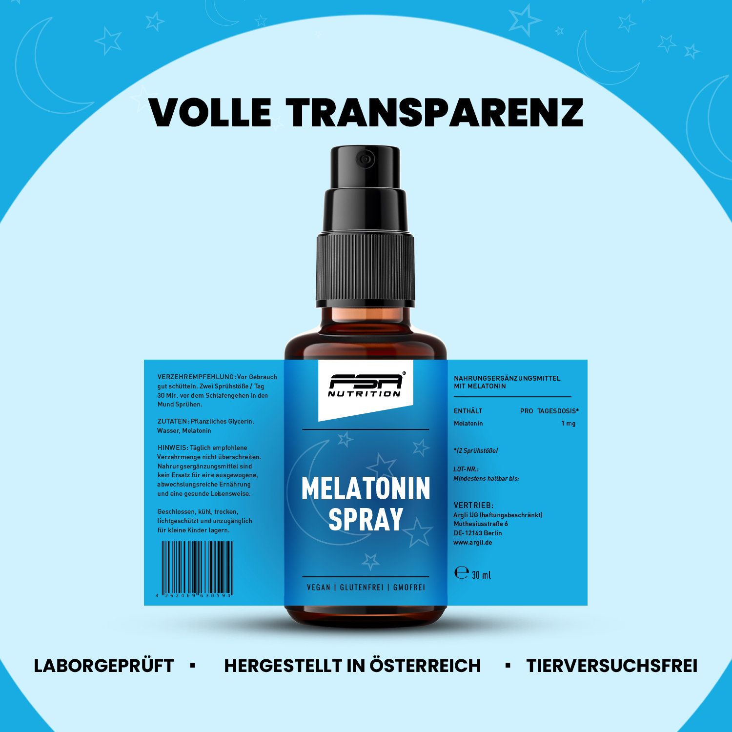 Braune Flasche mit Sprühkopf. Text: Volle Transparenz, Laborgeprüft, Hergestellt in Österreich, Tierversuchsfrei. Blaue Etikett mit Inhaltsangaben.