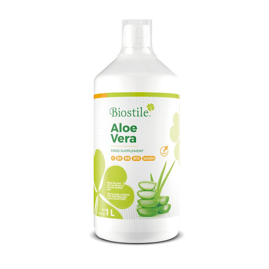 Biostile Aloe Vera. Flasche mit Flüssigkeit, 1L. Aufschrift: Aloe Vera, Food Supplement. Grün-weißes Etikett.