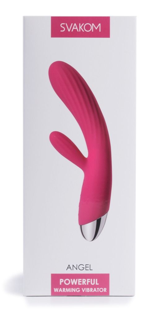 Verpackung mit pinkfarbenem Vibrator. Marke SVAKOM. Text: ANGEL, Powerful Warming Vibrator.