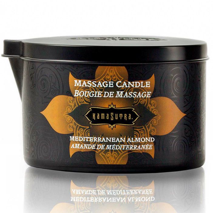 Schwarze Dose mit goldfarbenem Dekor und Schriftzug. Aufschrift: Massage Candle, Mediterrane Mandel. Marke: Kamasutra.
