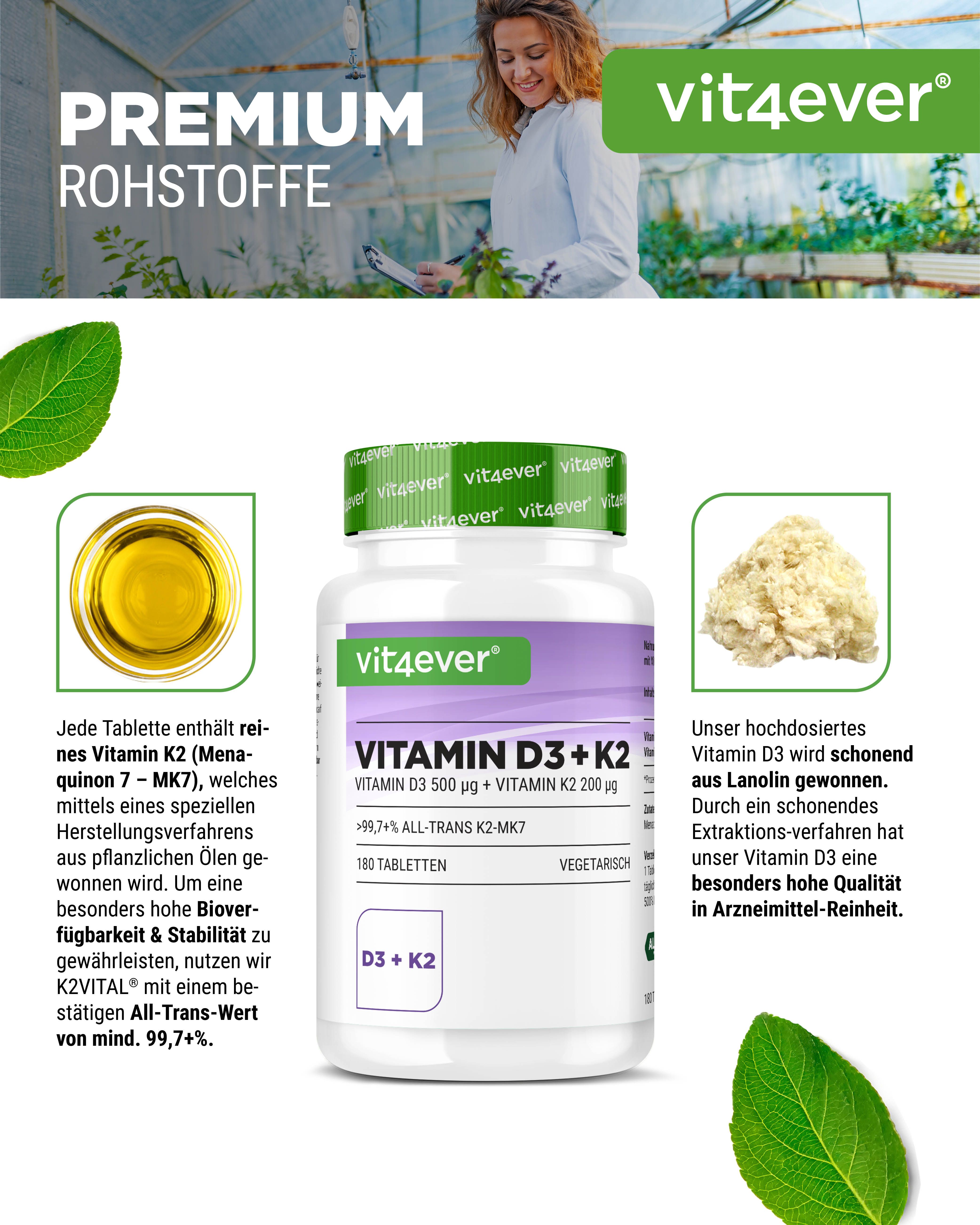 Flasche "vit4ever Vitamin D3 + K2" neben Öl und Rohstoff. Text: "Premium Rohstoffe". 180 Tabletten.