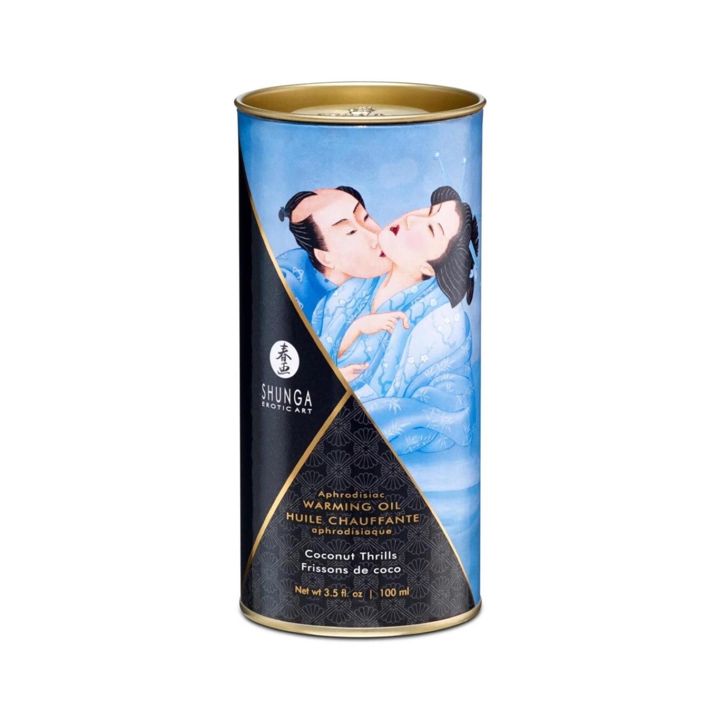 Zylindrische Verpackung mit Massageöl. Aufdruck: küssendes Paar. Text: Warming Oil, Kokosnuss.