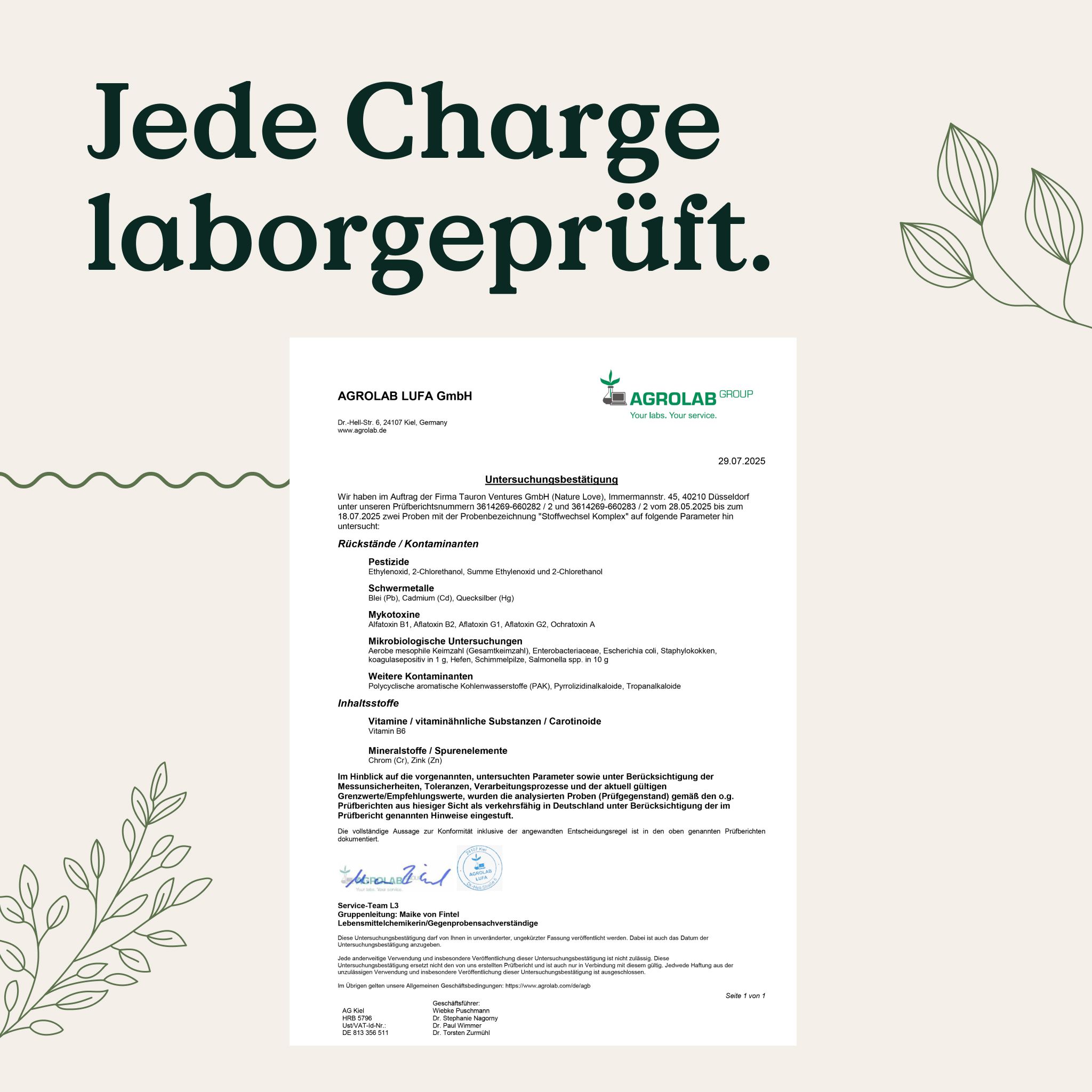 Laborbericht mit Prüfsiegel und Text.