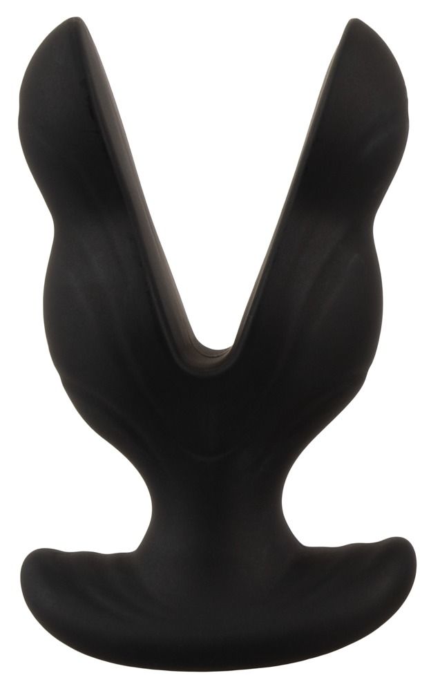 Schwarzer Analspreizer. V-förmige Form mit breiter Basis. Glatte Oberfläche. Ansicht von vorne.