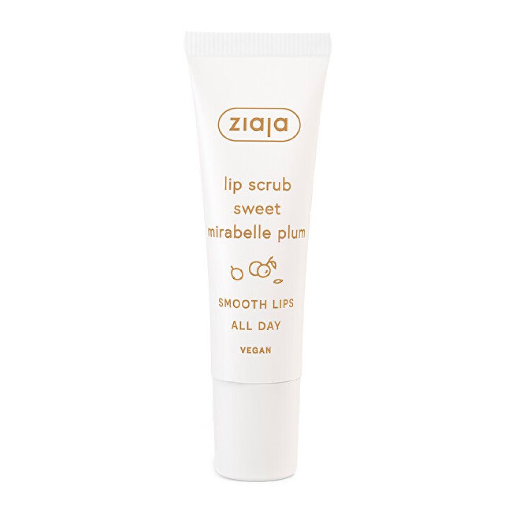 Weiße Tube mit Aufschrift "ziaja lip scrub sweet mirabelle plum". Text: "Smooth Lips All Day", "Vegan".