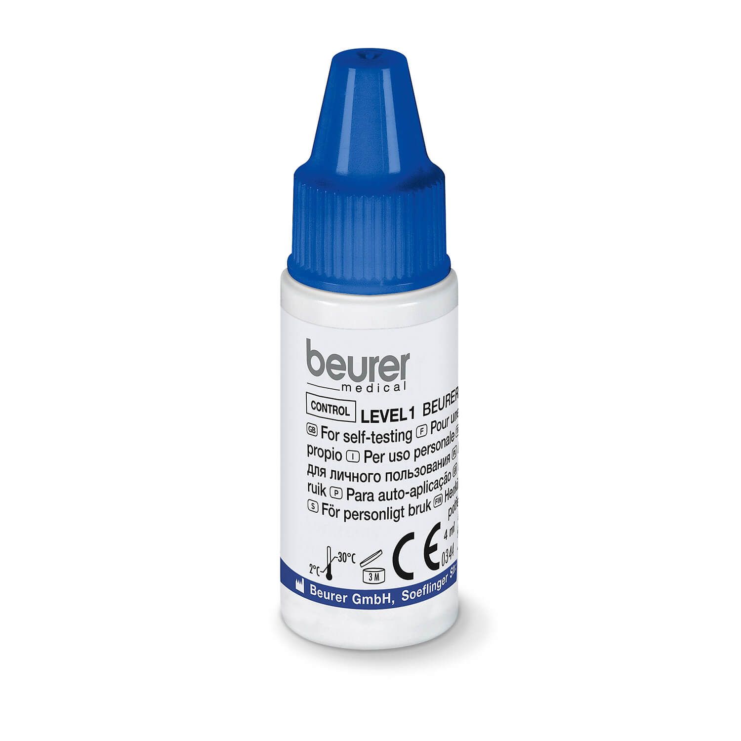 Beurer Kontrolllösung. Blaue Flasche mit weißem Etikett. Aufschrift: Beurer, Control, Level 1. Für Selbsttest.