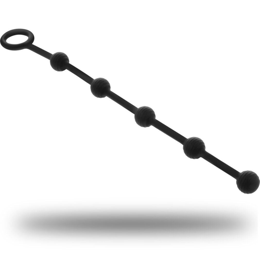 Schwarze Silikon-Analkette mit fünf Kugeln und einem Ring. Die Kugeln sind durch einen flexiblen Stab verbunden.