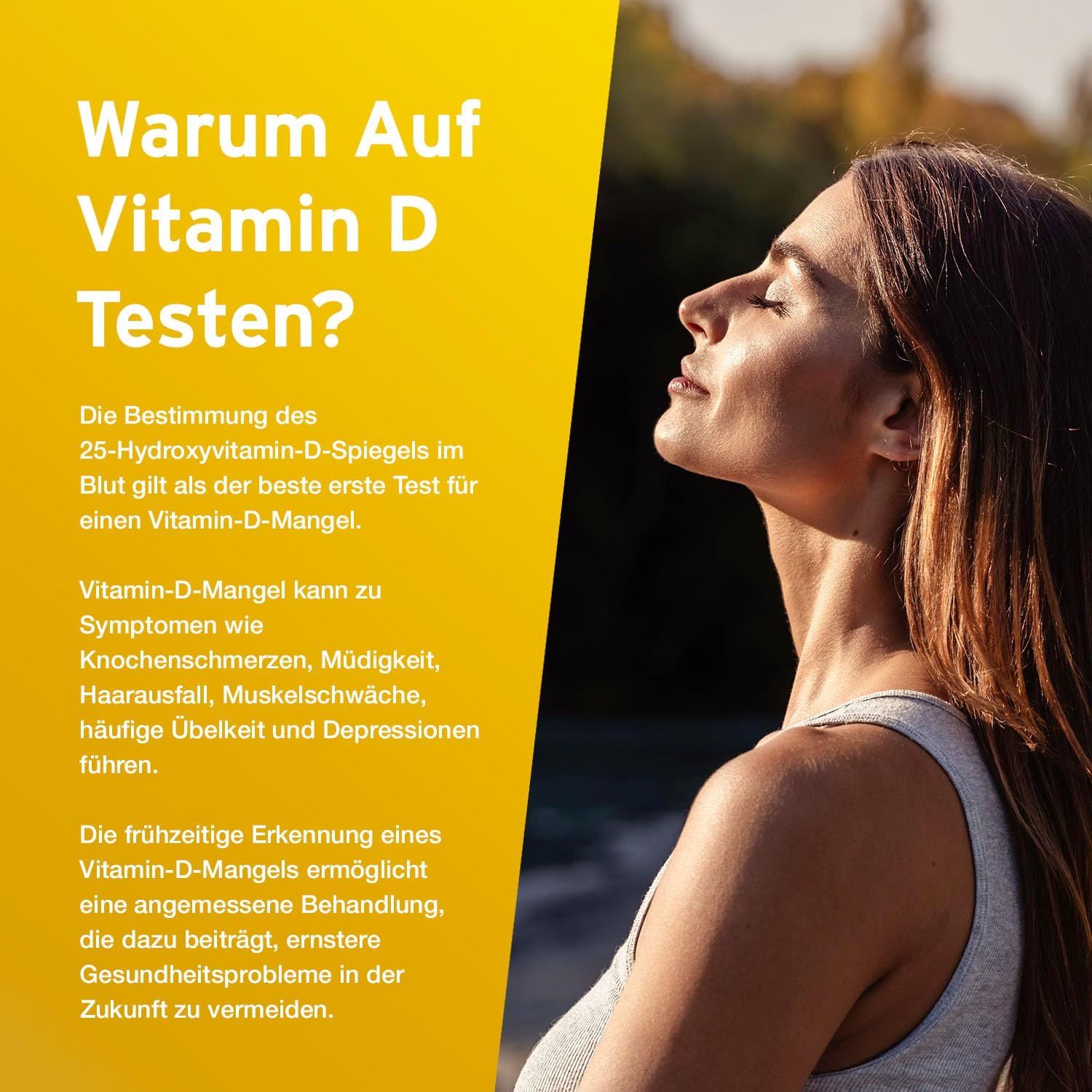 Frau mit geschlossenen Augen. Text: Warum Auf Vitamin D testen? Informationen über Vitamin-D-Mangel.