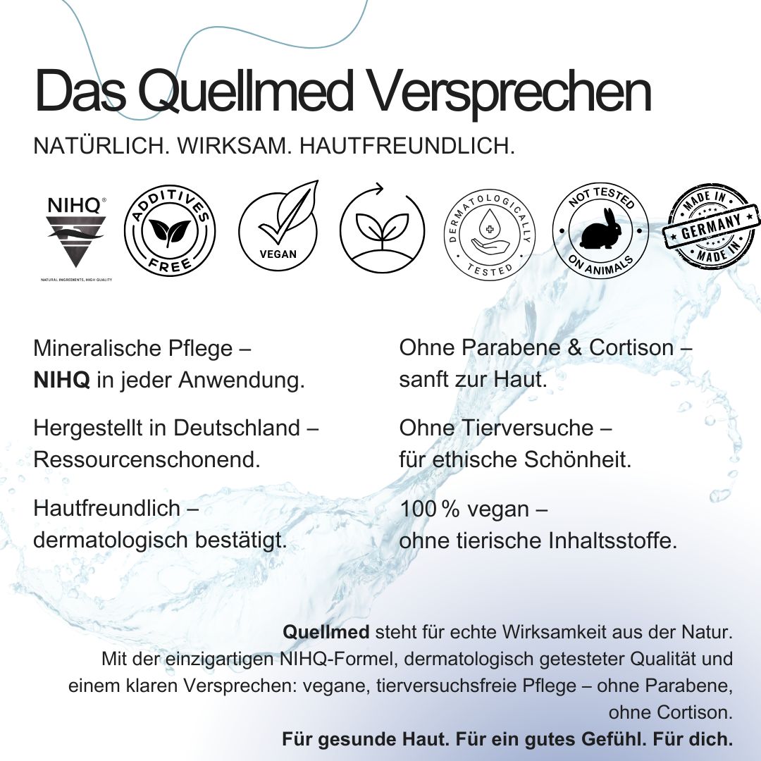 Text mit dem Quellmed Versprechen. Aufdrucke: Natürlich, Wirksam, Hautfreundlich. Logos: NIHQ, Vegan, Dermatologisch getestet.
