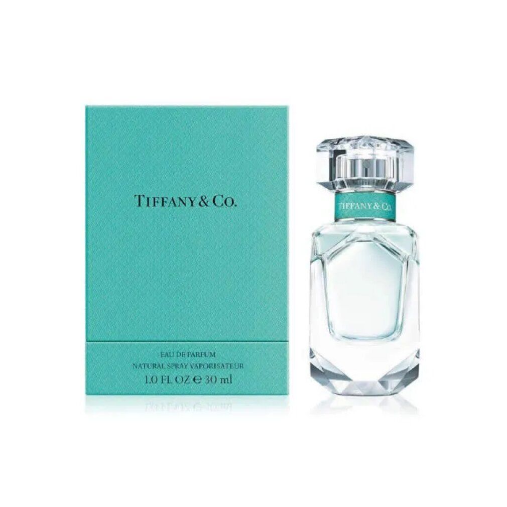 Tiffany & Co. Eau de Parfum Flakon und Schachtel. Türkisfarbene Schachtel mit Logo. Klarer Flakon mit Deckel.