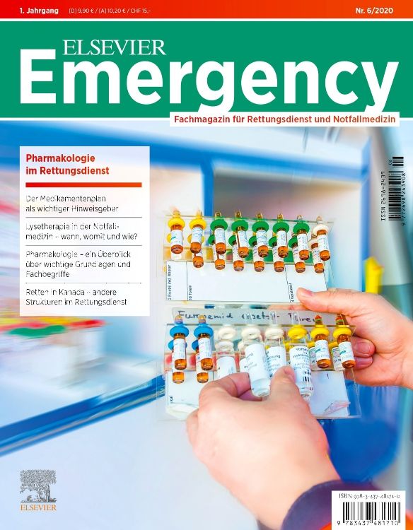Zeitschrift "Elsevier Emergency", Ausgabe 6/2020. Titel: Pharmakologie im Rettungsdienst. Auf dem Cover sind Ampullen in einer Halterung zu sehen.