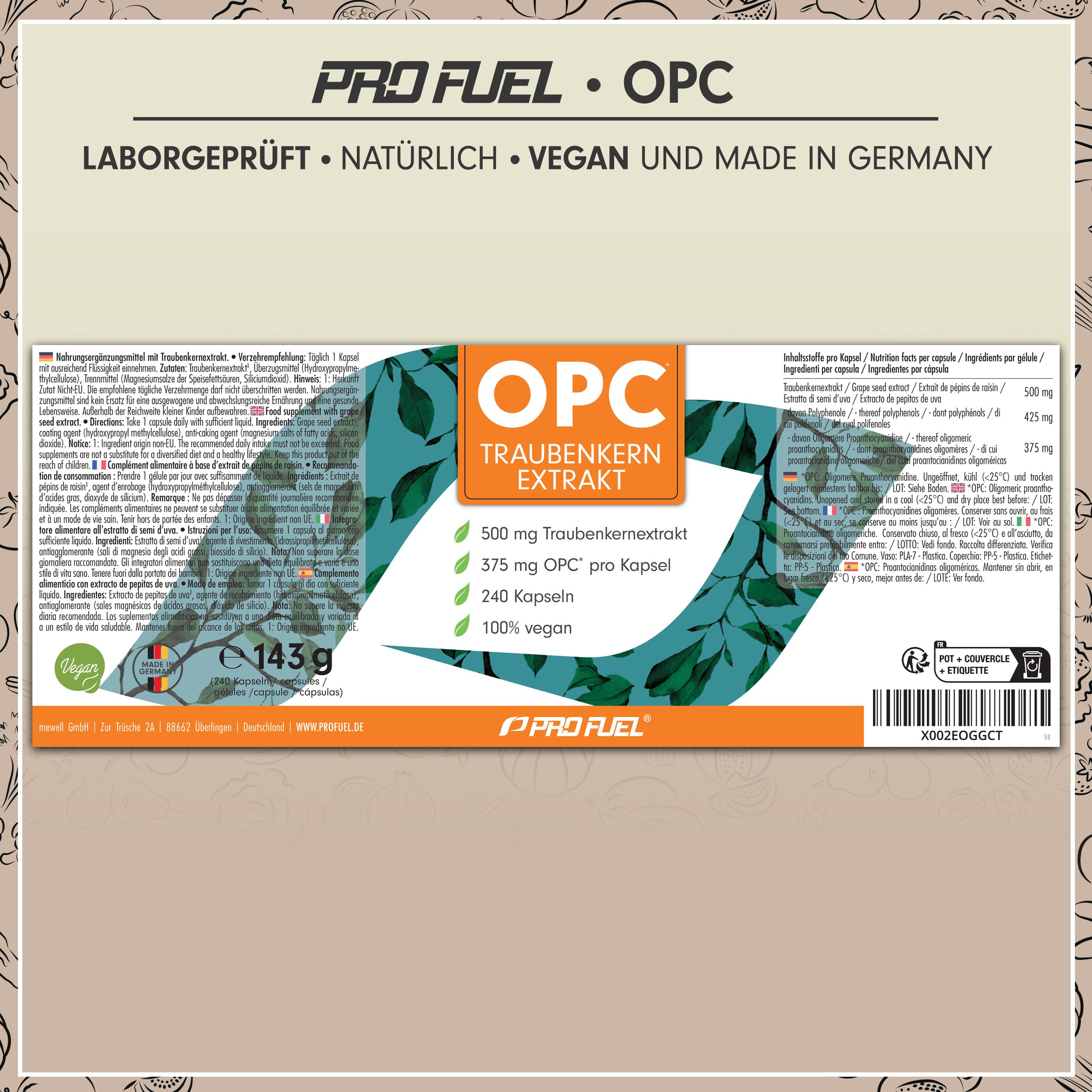 Verpackung von OPC Traubenkernextrakt. Enthält 500 mg Traubenkernextrakt, 375 mg OPC pro Kapsel, 240 Kapseln. Laborgeprüft, natürlich, vegan, Made in Germany.