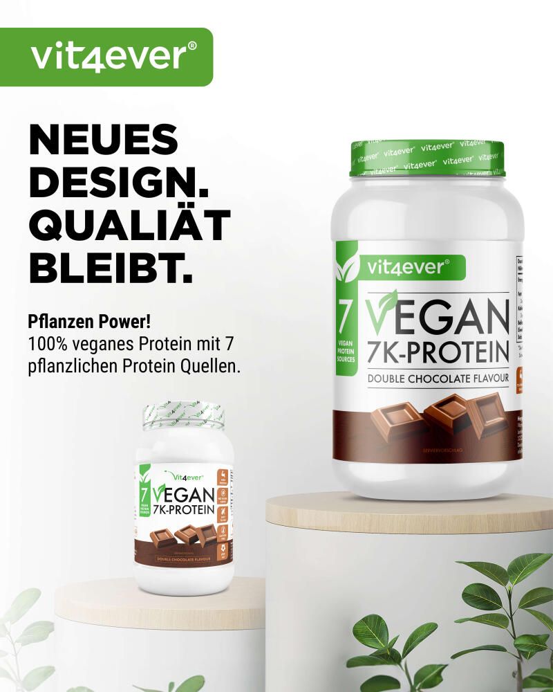 Werbung mit Dose und kleinerer Dose "vit4ever 7K-PROTEIN". Text: "NEUES DESIGN. QUALITÄT BLEIBT." und "Pflanzen Power!" mit Produktbeschreibung.