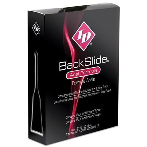 Schwarze Schachtel mit ID-Logo und Produktnamen BackSlide Anal Formula. Enthält vier Tuben. Text in Englisch und Französisch.