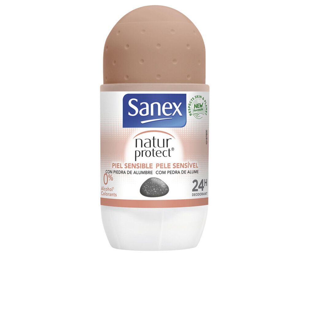 Sanex Natur Protect Sensitive Haut Deodorant-Roller. Weiß-rosa Flasche mit braunem Rollkopf. Text: 24h, 0% Alcohol, Piel Sensible.